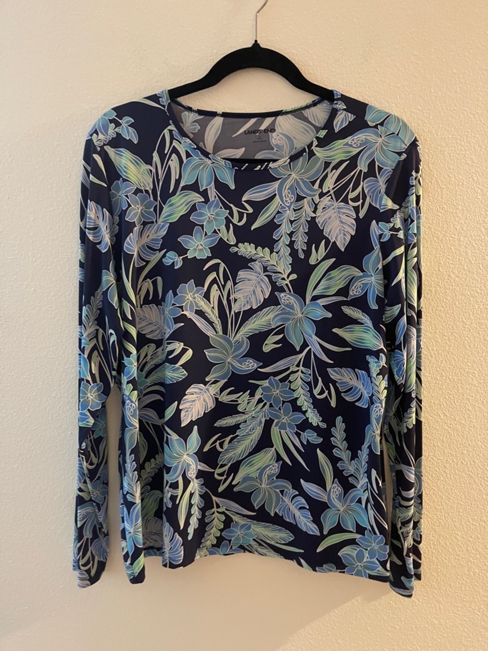 Lands' End Navy Blue Floral Long-Sleeve Crew Top